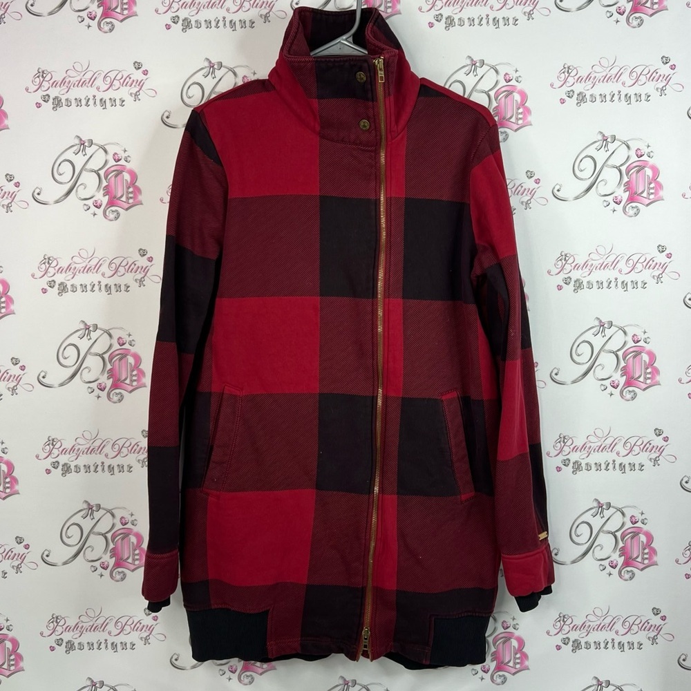 Roots sweater long style zip up buttons Red and Black Plaid Utility Jacket
